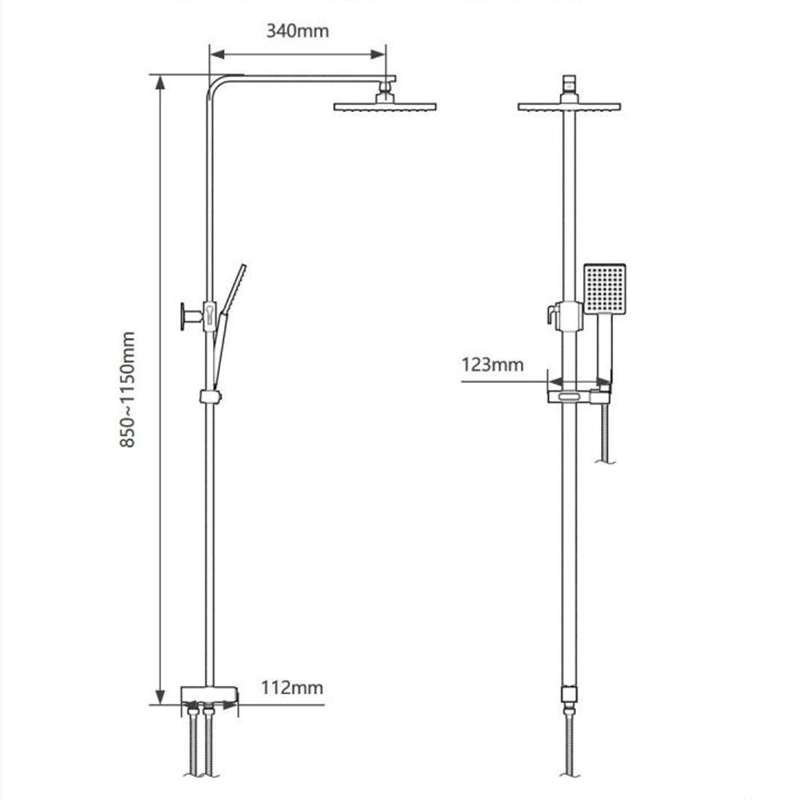 Wall mounted bath shower mixer with square overhead shower and hand held shower